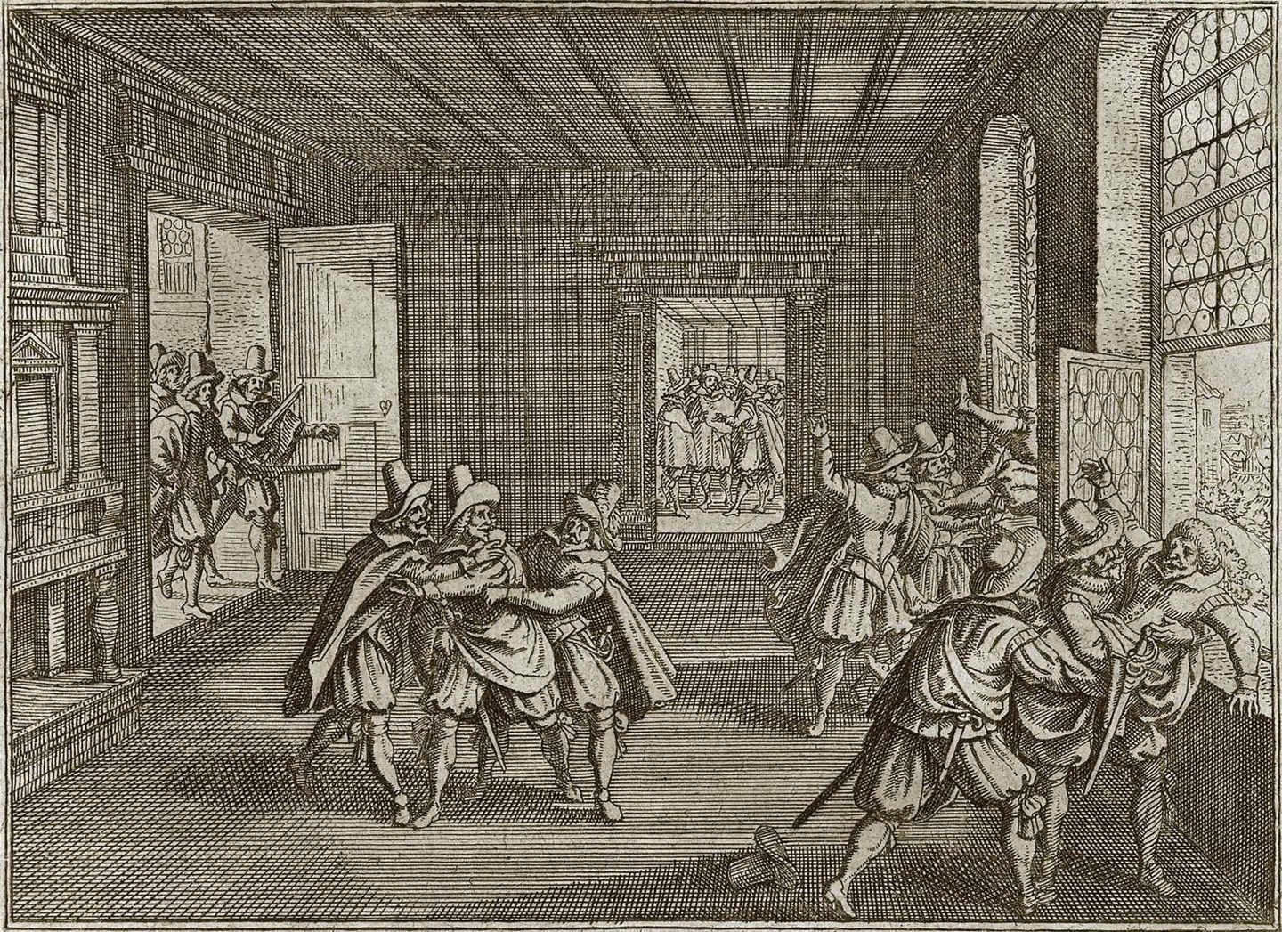 Prager Fenstersturz am 23. Mai 1618. Kupferstich aus dem „Theatrum Europaeum“, hier aus der Ausgabe von 1662 – eine nachträgliche Darstellung des Ereignisses.