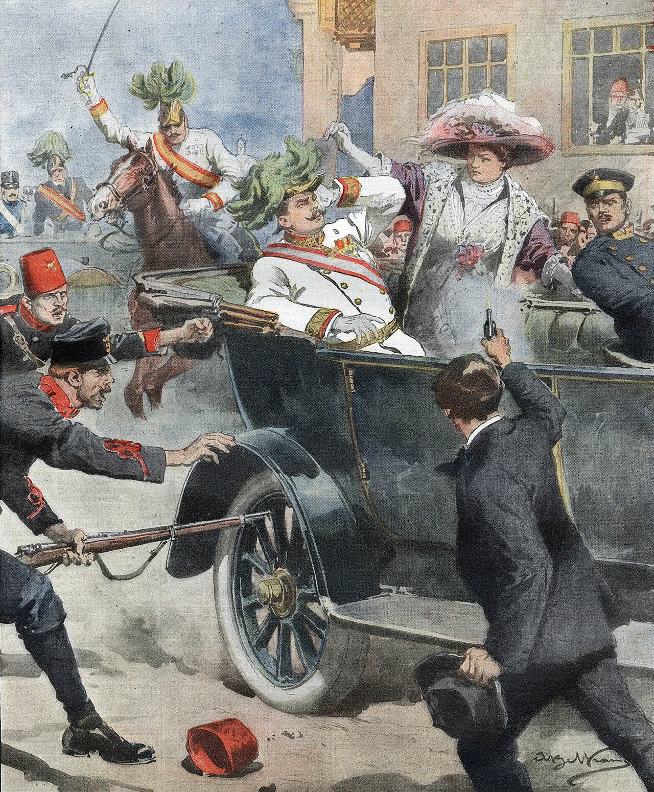 Attentat von Sarajevo: Zeitungsillustration von Achille Beltrame, 1914; keine Augenzeugenaufnahme.